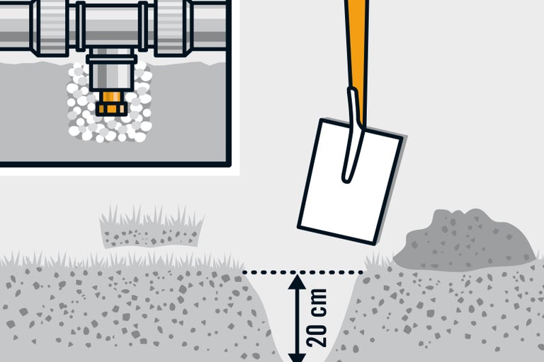 Ilustrace drenážní instalace s 20centimetrovou hlubokou rýhou a zobrazením potrubí