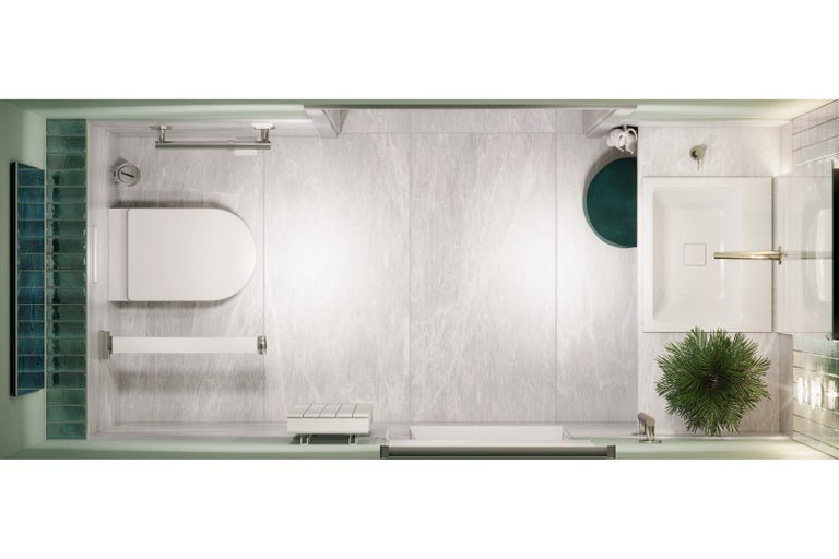 Pohled shora na koupelnu s toaletou, umyvadlem, vanou a obklady