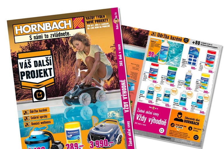Hornbach leták zaměřený na údržbu bazénů, solární sprchy a domácí wellness, s nabídkou bazénové chemie a vysavačů.