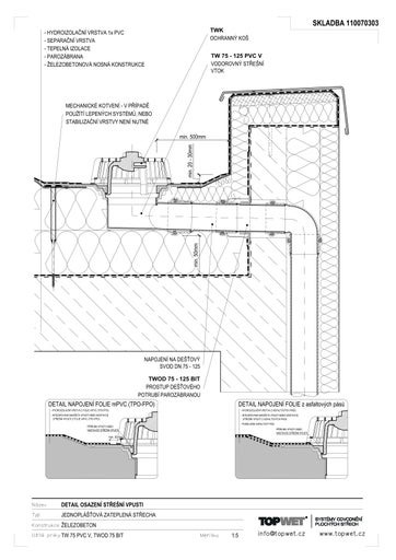 Detail výkresu odvodnění střechy s ochranným košem a různými vrstvami, jako je PVC hydroizolace, separační vrstva, tepelná izolace a železobetonová konstrukce.