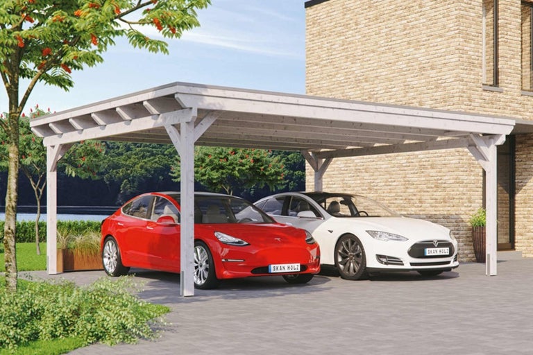 Dvojitý dřevěný přístřešek pro auto se dvěma parkujícími auty