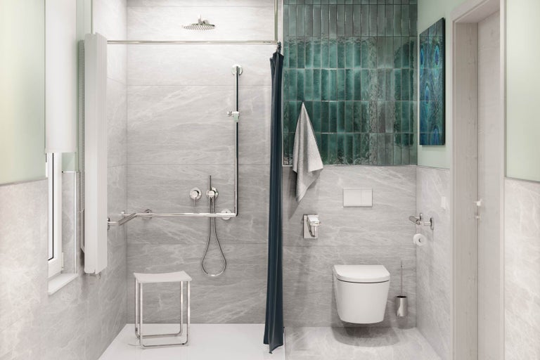 Bezbariérová koupelna se sprchou, toaletou a madly