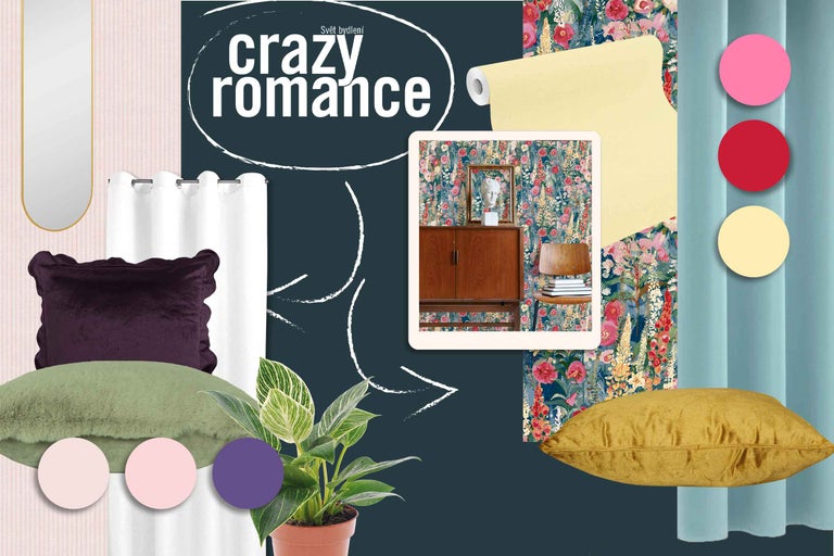 Dekorativní obytné prostředí s nábytkem, textilem a pokojovou rostlinou