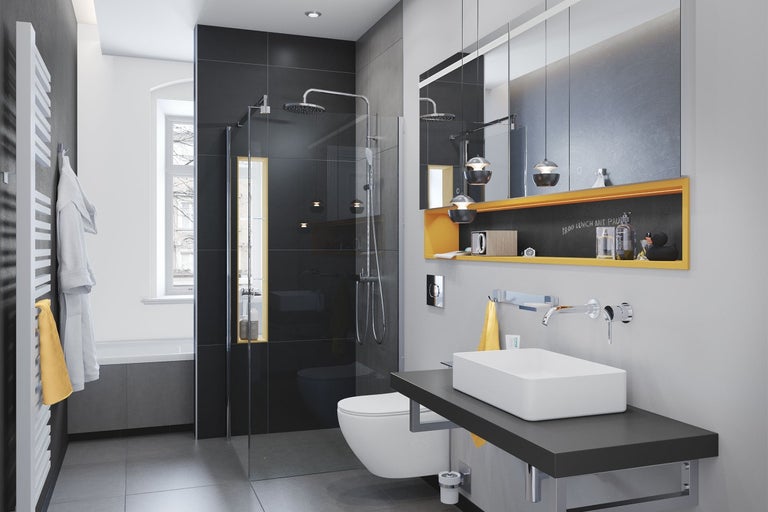 Moderní koupelna se sprchou, umyvadlem a toaletou