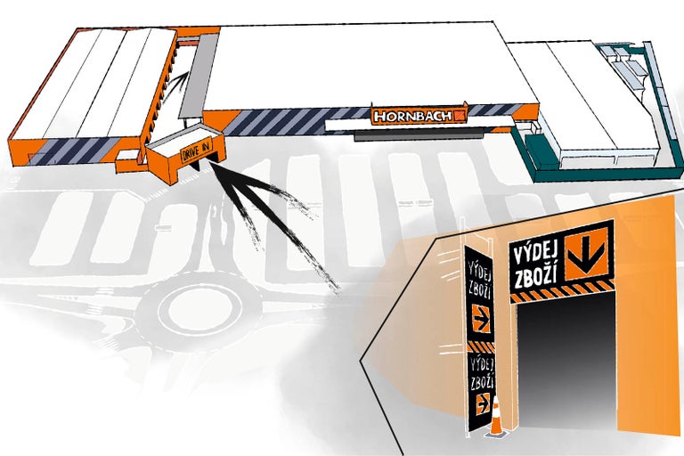 Ilustrace hobbymarketu Hornbach s výdejnou zboží Drive In