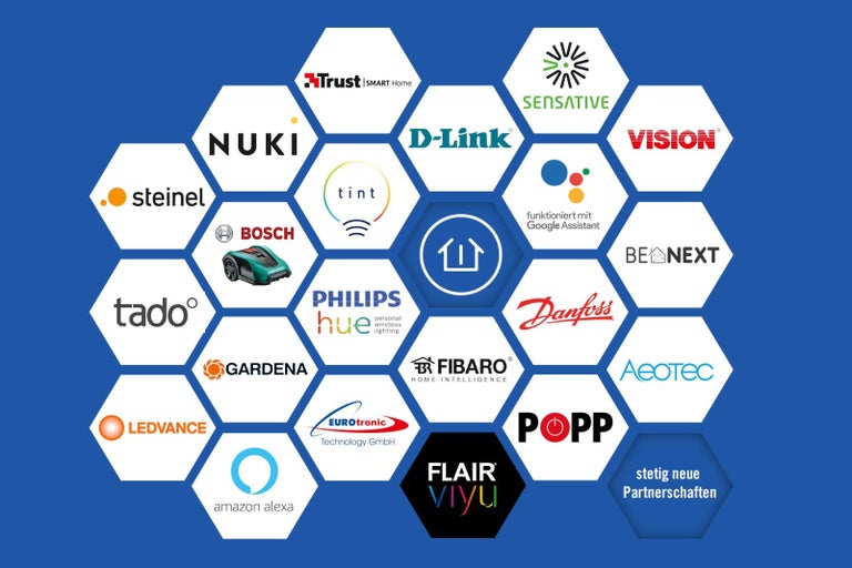 Loga různých značek pro produkty chytré domácnosti.