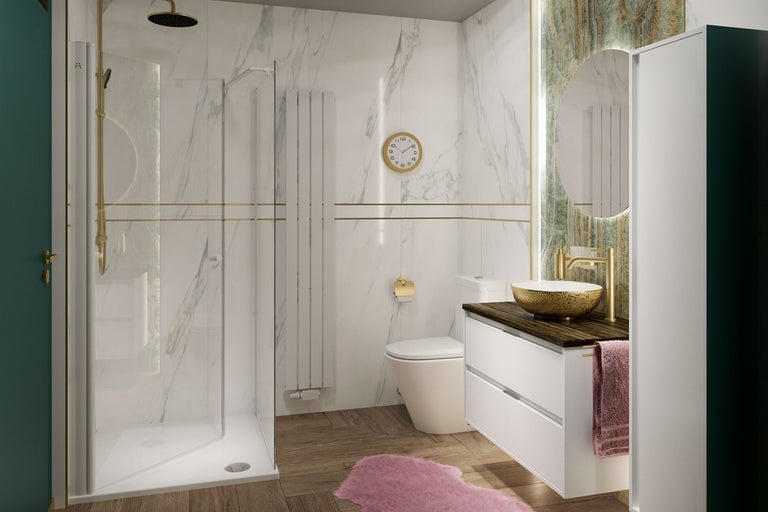 Světlá koupelna se sprchou, toaletou, umyvadlem a zrcadlem