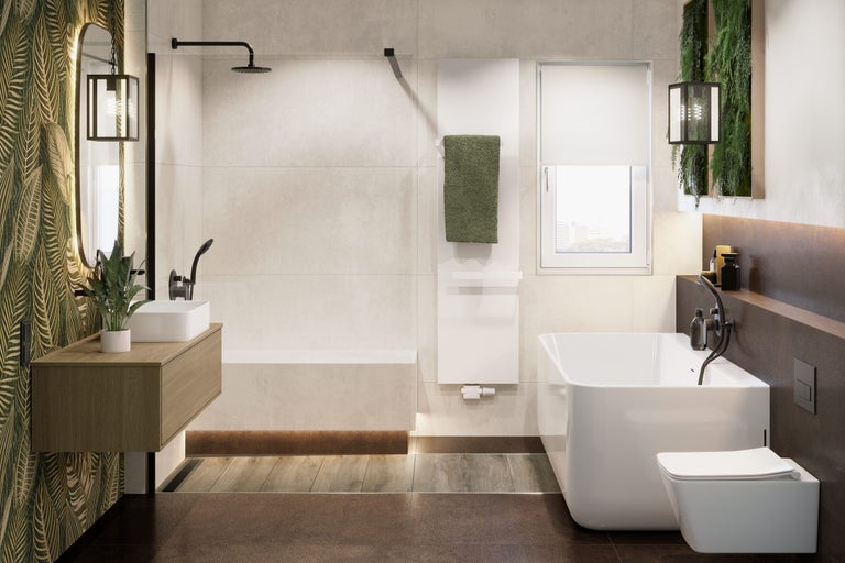 Světlá koupelna s vanou, umyvadlem, toaletou a sprchou