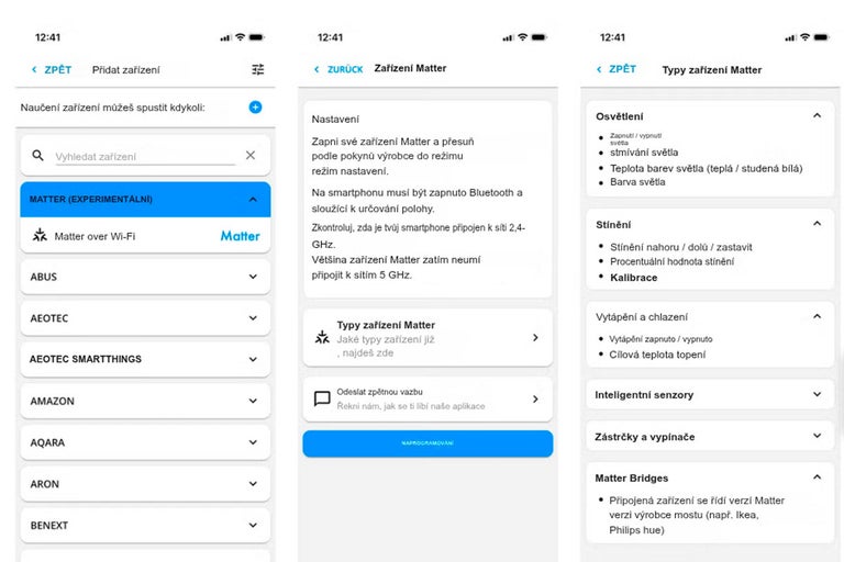 Tři snímky obrazovky mobilní aplikace pro nastavení a výběr chytrých domácích zařízení Matter, včetně seznamů značek a kategorií.