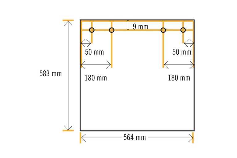Technický výkres s rozměry: výška 583 mm, šířka 564 mm, rozestupy 50 mm a 180 mm.