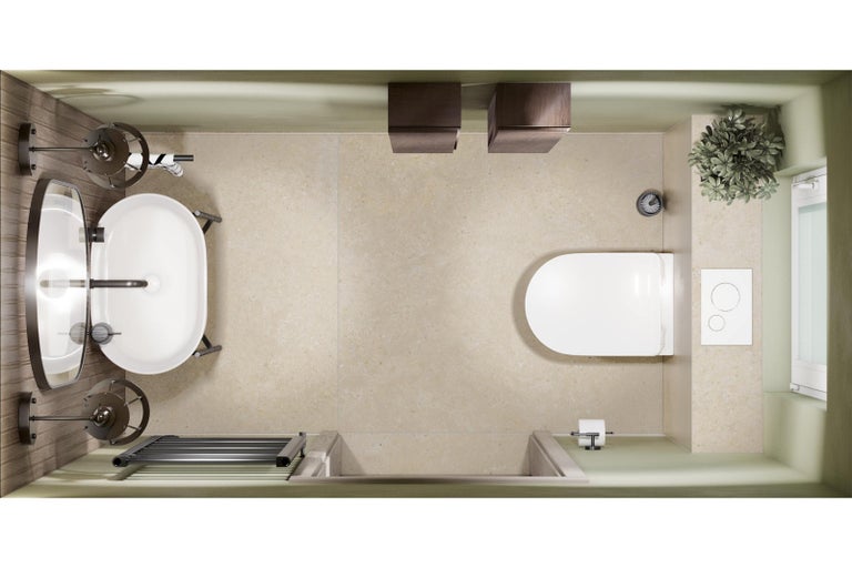 Pohled shora na koupelnu s vanou, toaletou a umyvadlem