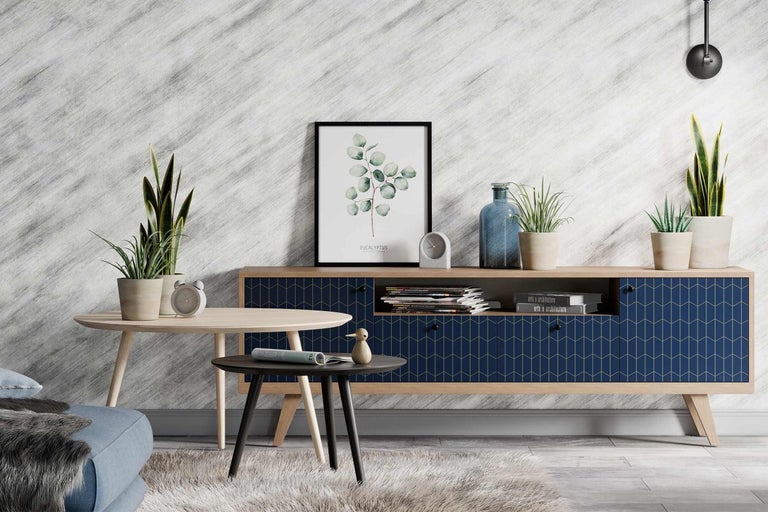 Obývací pokoj s nízkou komodou, konferenčním stolkem a pokojovými rostlinami