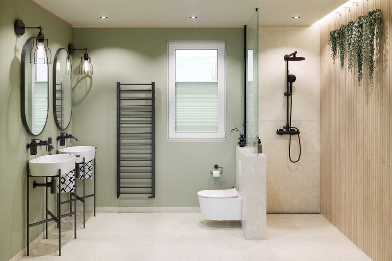 Moderní koupelna s dvojitým umyvadlem, toaletou a sprchou