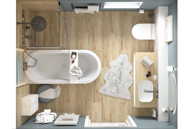 Pohled shora na koupelnu se sprchou, vanou, toaletou a umyvadlem