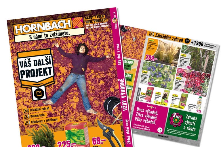 Reklamní leták Hornbach pro zahradní projekty s nabídkou produktů pro zahradničení a výsadbu.