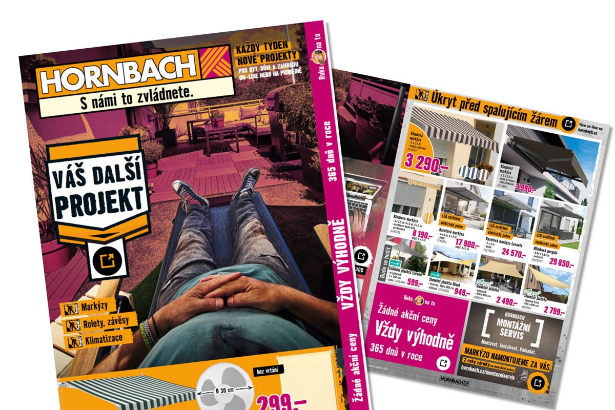 Hornbach leták s nabídkou markýz, slunečních plachet a pergol pro úpravu venkovních prostor.
