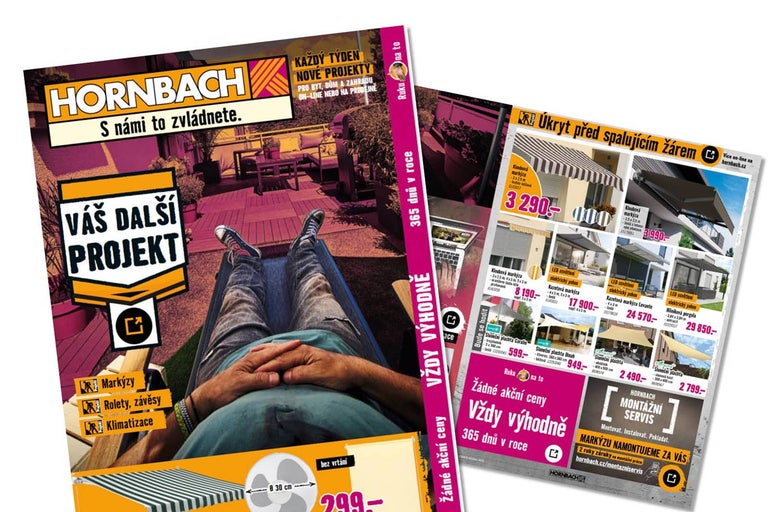 Hornbach leták s nabídkou markýz, slunečních plachet a pergol pro úpravu venkovních prostor.