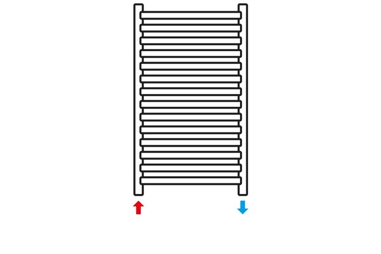 Schéma radiátoru s bočními přípojkami a šipkami znázorňujícími směr proudění