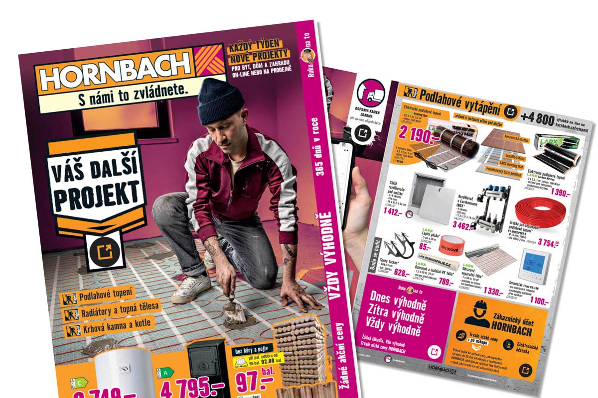 Reklamní leták Hornbach s řemeslníkem instalujícím elektrické podlahové vytápění a přehledem topných systémů.
