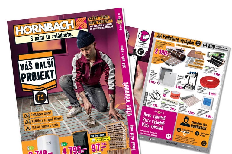 Reklamní leták Hornbach s řemeslníkem instalujícím elektrické podlahové vytápění a přehledem topných systémů.