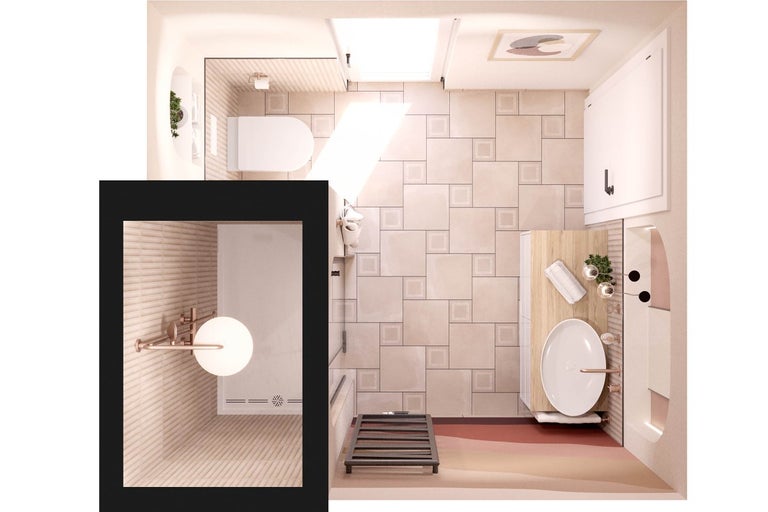 Pohled shora na koupelnu s toaletou, umyvadlem, zrcadlem a koupelnovým radiátorem