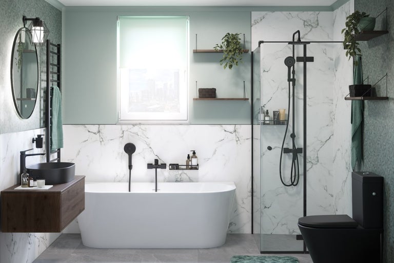 Koupelna s vanou, sprchou, umyvadlem a toaletou v moderním designu