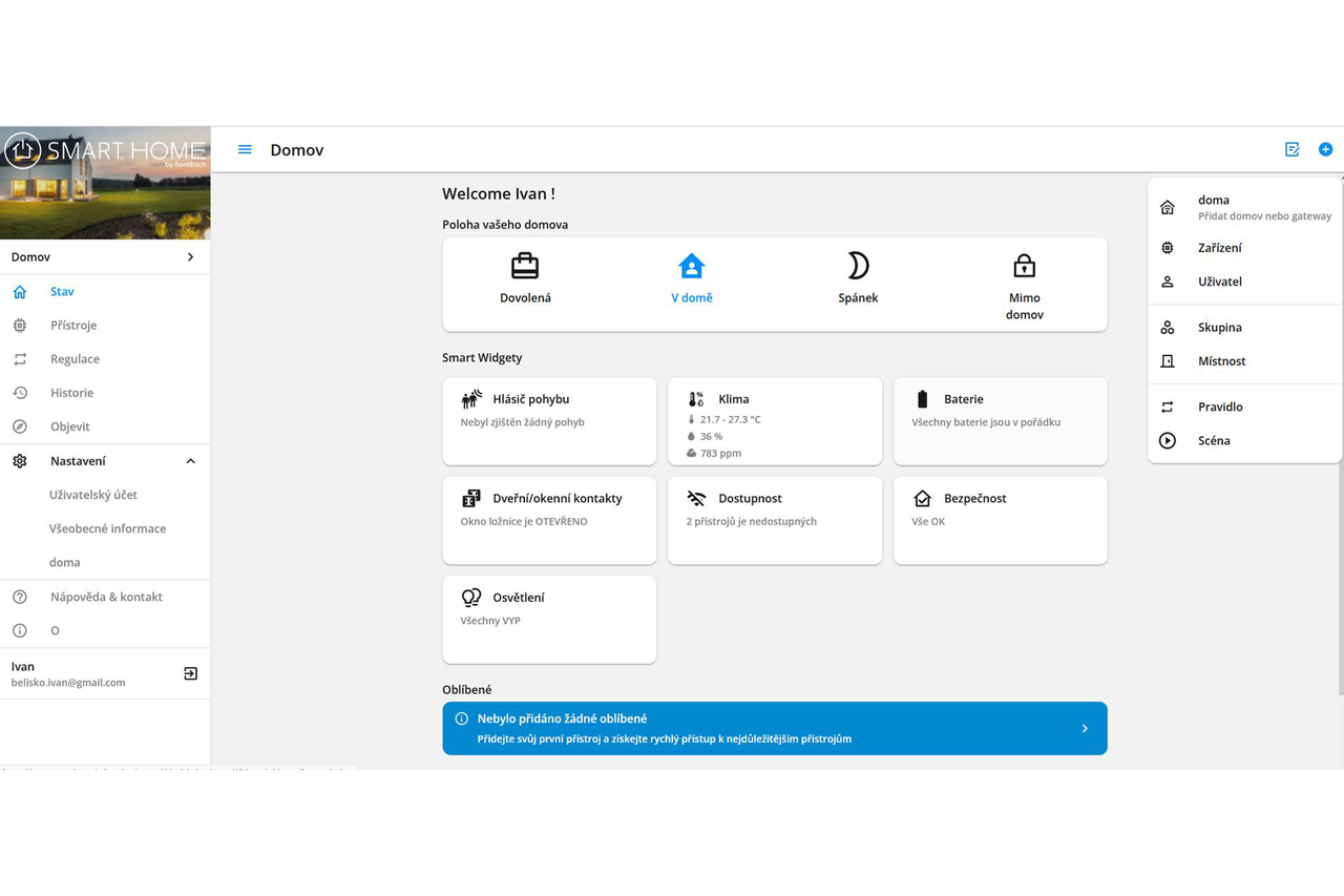 Dashboard aplikace Smart Home s přehledem zařízení