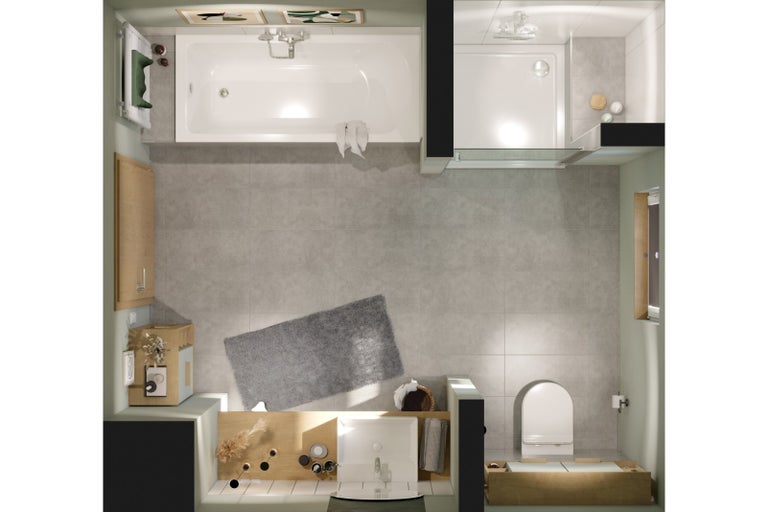 Pohled shora na koupelnu s vanou, sprchou, umyvadlem a toaletou