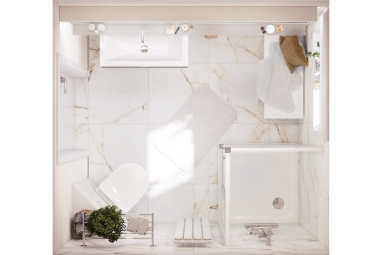 Pohled shora na světlou koupelnu s umyvadlem, toaletou a sprchou