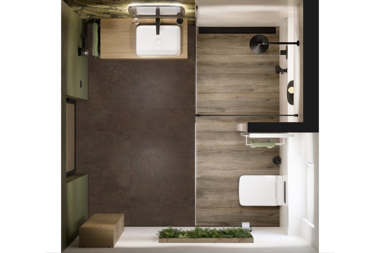 Pohled shora na koupelnu s umyvadlem, toaletou a sprchou