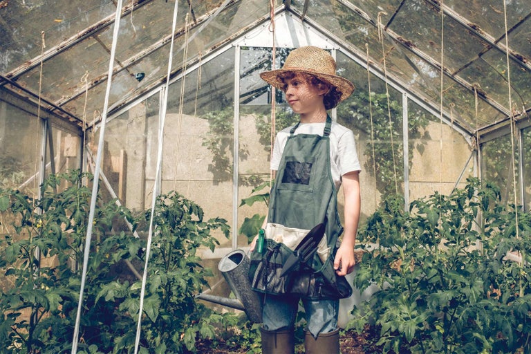 Chlapec se slaměným kloboukem, zástěrou a pásem na nářadí ve skleníku s rostlinami rajčat a konví