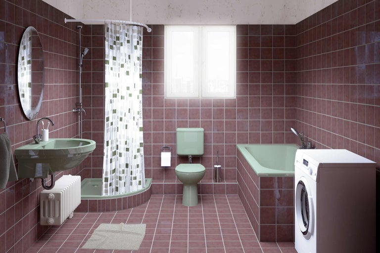 Koupelna s umyvadlem, toaletou, vanou a pračkou