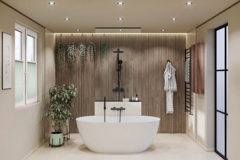 Moderní koupelna s volně stojící vanou, sprchou a dřevěnými prvky