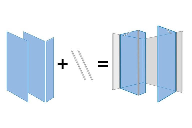 Nákres konstrukce sprchového koutu se skleněnými panely a tyčemi