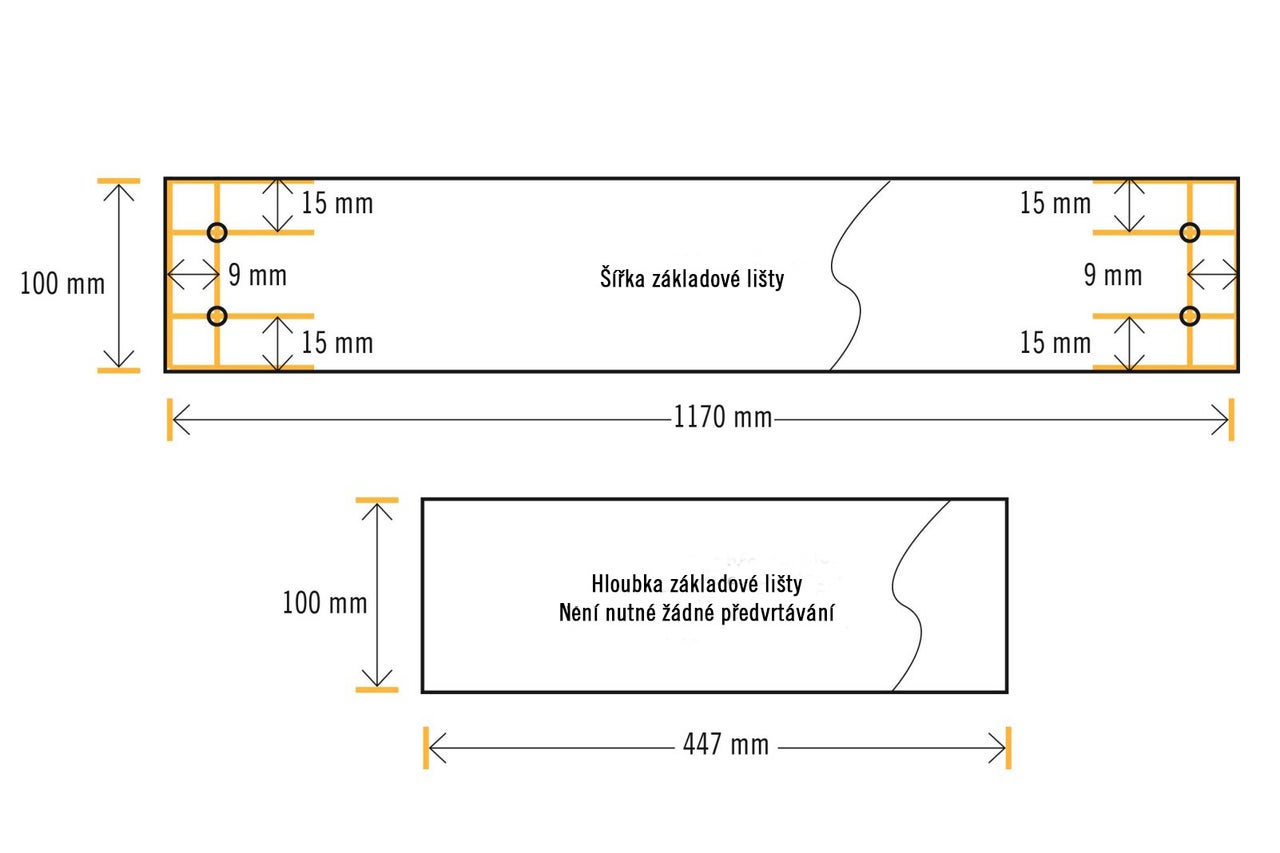Rozměry soklové lišty: šířka 1170 mm, hloubka 447 mm, výška 100 mm