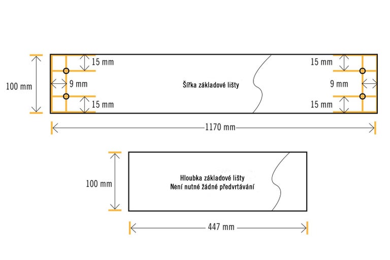 Rozměry soklové lišty: šířka 1170 mm, hloubka 447 mm, výška 100 mm