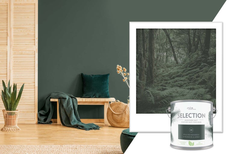 Obývací pokoj s barvou na stěny Style Color Selection, odstín Ticho džungle, lavice, polštář a pokojová rostlina