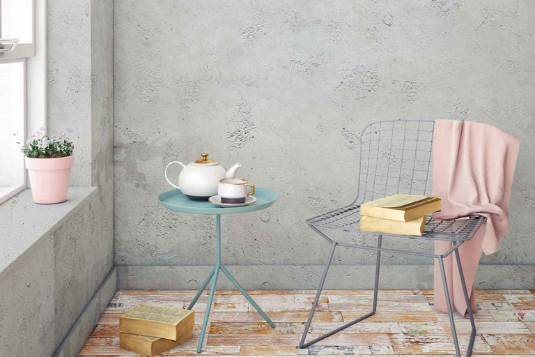 Scéna se stolem, židlí, nádobím, knihami a rostlinou