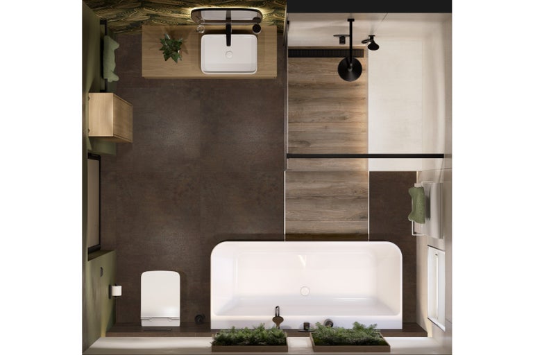 Pohled shora na koupelnu s vanou, sprchou, umyvadlem a toaletou