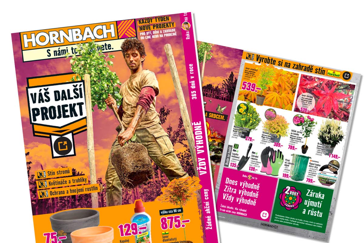 Hornbach Logo na stránkách katalogu pro zahradní projekty s mužem sázejícím strom, různými druhy javorů, květináči a zahradním nářadím.