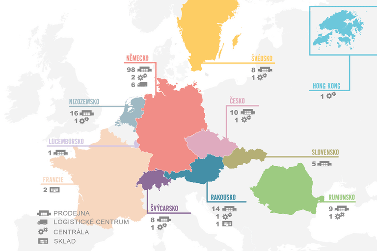 Mapa Evropy a Hongkongu s informacemi o umístění poboček, logistických center, ústředí a skladů