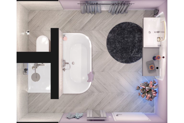 Ptačí perspektiva koupelny s vanou, toaletou, umyvadlem a sprchou