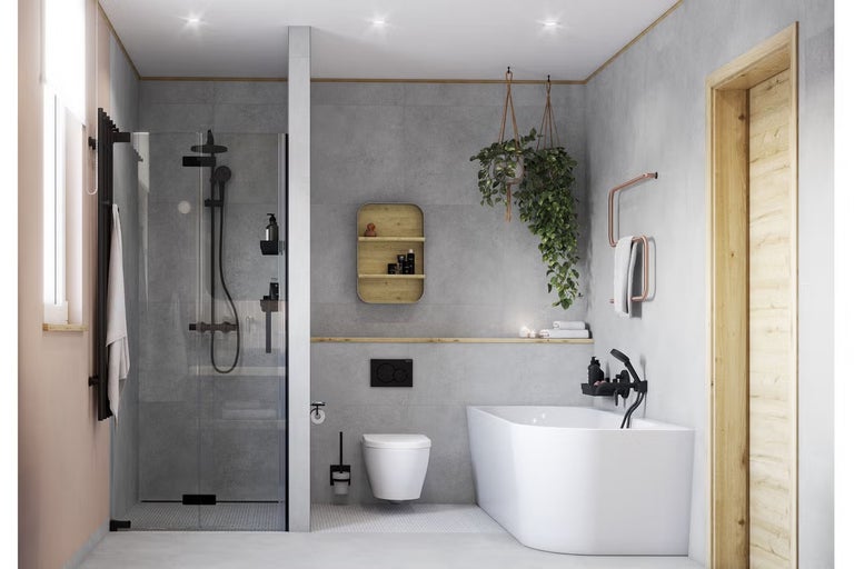 Světlá koupelna se sprchou, vanou a toaletou pro moderní design koupelny