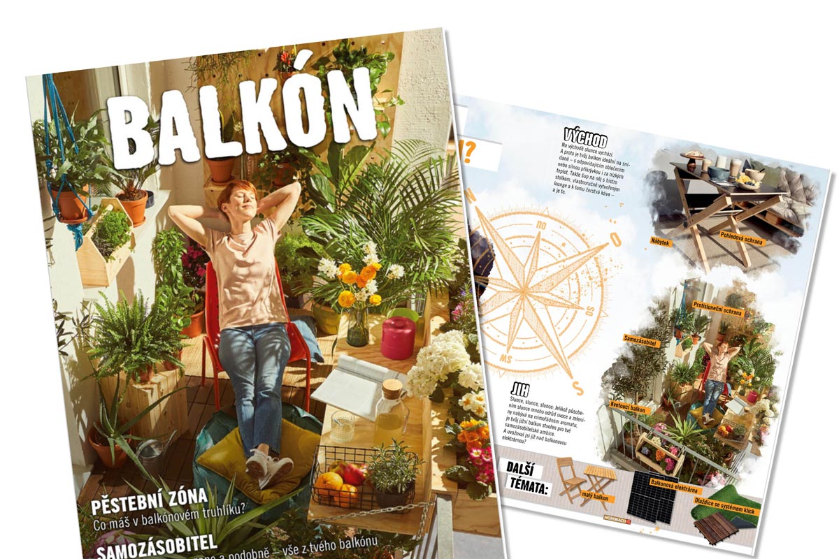 Časopis o designu balkónu s rostlinami, nábytkem a dekoracemi