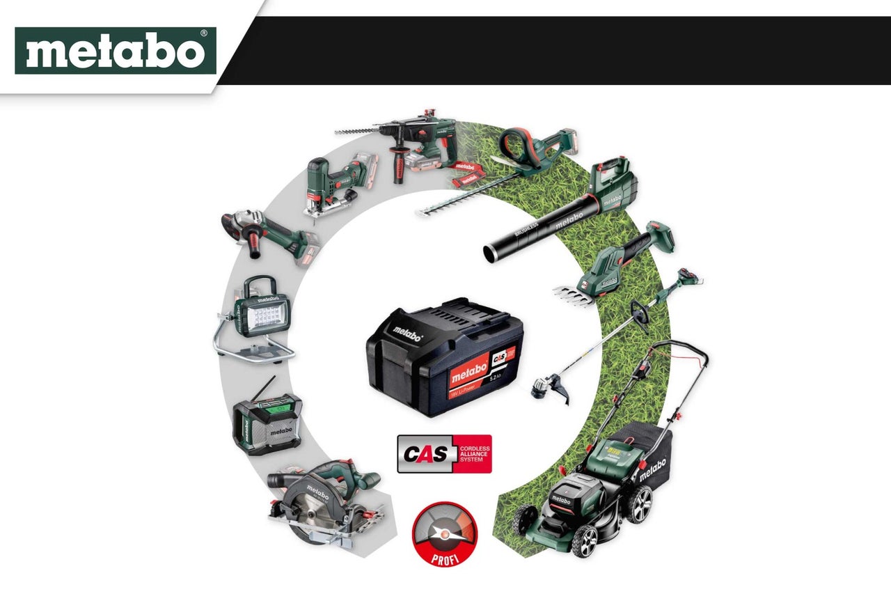 Přehled produktů Metabo s akumulátorem, sekačkou na trávu, fukarem na listí a dalším zahradním nářadím
