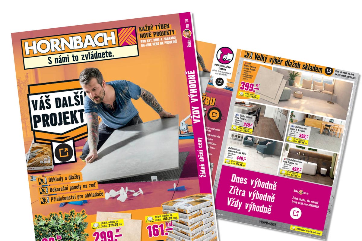 Reklamní leták Hornbach s řemeslníkem pokládajícím dlažbu a výběrem obkladů, dlažeb a příslušenství pro váš stavební projekt.