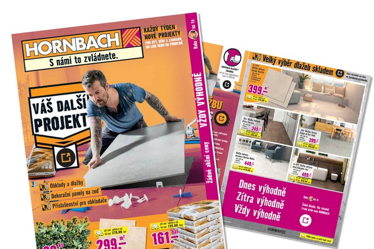 Reklamní leták Hornbach s řemeslníkem pokládajícím dlažbu a výběrem obkladů, dlažeb a příslušenství pro váš stavební projekt.