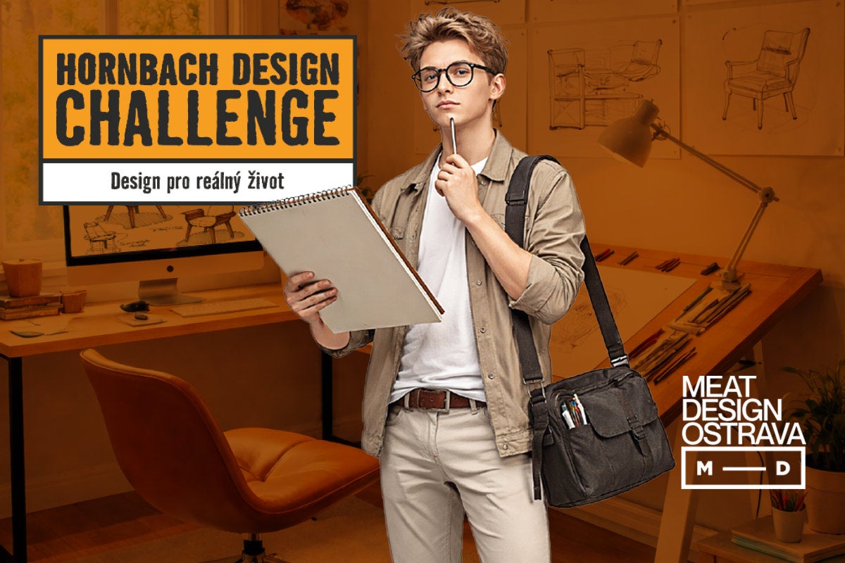 Mladý designér v designovém studiu se skicákem, logo Hornbach Design Challenge a logo Meat Design Ostrava.
