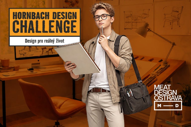 Mladý designér v designovém studiu se skicákem, logo Hornbach Design Challenge a logo Meat Design Ostrava.
