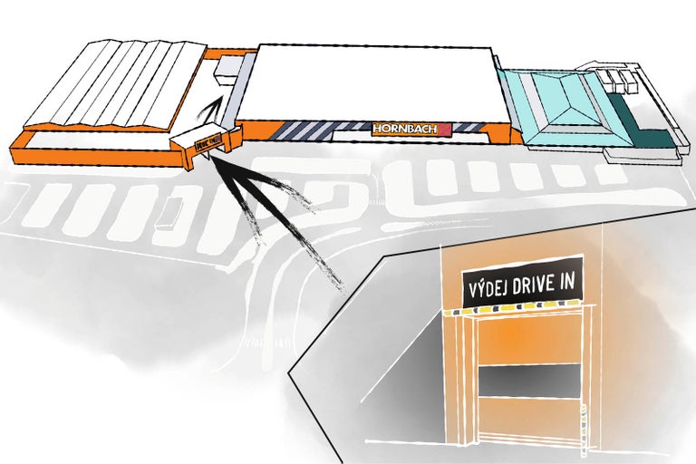 Ilustrace hobbymarketu Hornbach s výdejním místem Drive-In